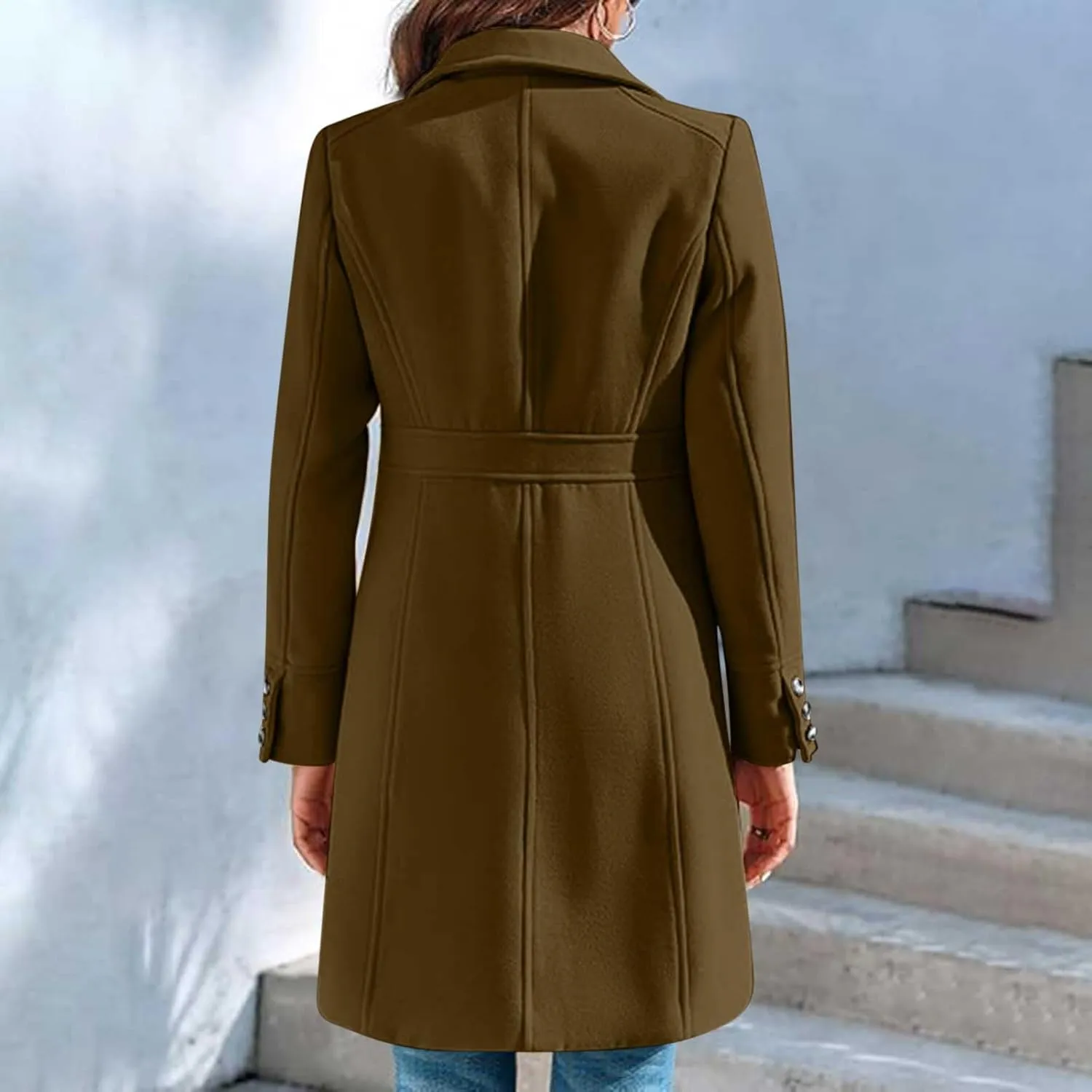 Lmdudan Women's Elegant Single Breasted Coat Long Sleeve Mid Winter Overcoat Solid Color Work Office Pea Coats with Pockets