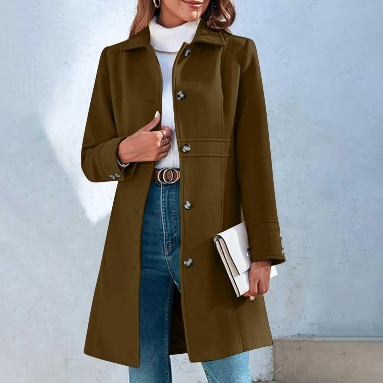 Lmdudan Women's Elegant Single Breasted Coat Long Sleeve Mid Winter Overcoat Solid Color Work Office Pea Coats with Pockets