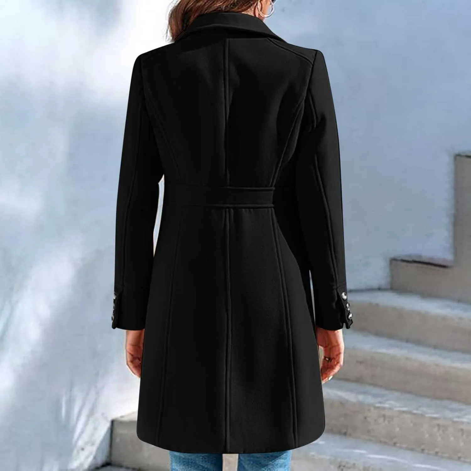 Lmdudan Women's Elegant Single Breasted Coat Long Sleeve Mid Winter Overcoat Solid Color Work Office Pea Coats with Pockets