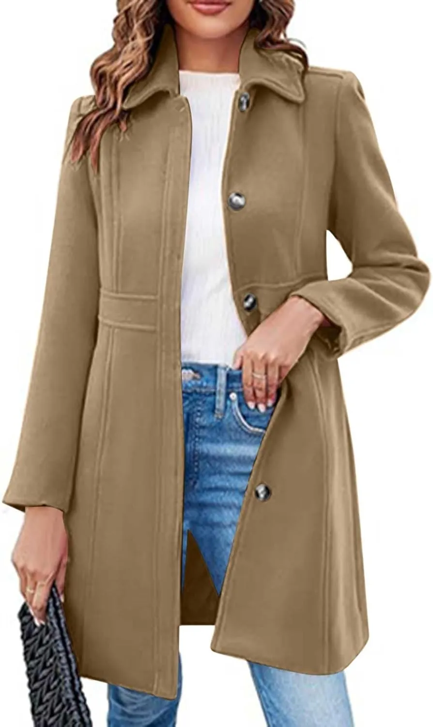 Lmdudan Women's Elegant Single Breasted Coat Long Sleeve Mid Winter Overcoat Solid Color Work Office Pea Coats with Pockets
