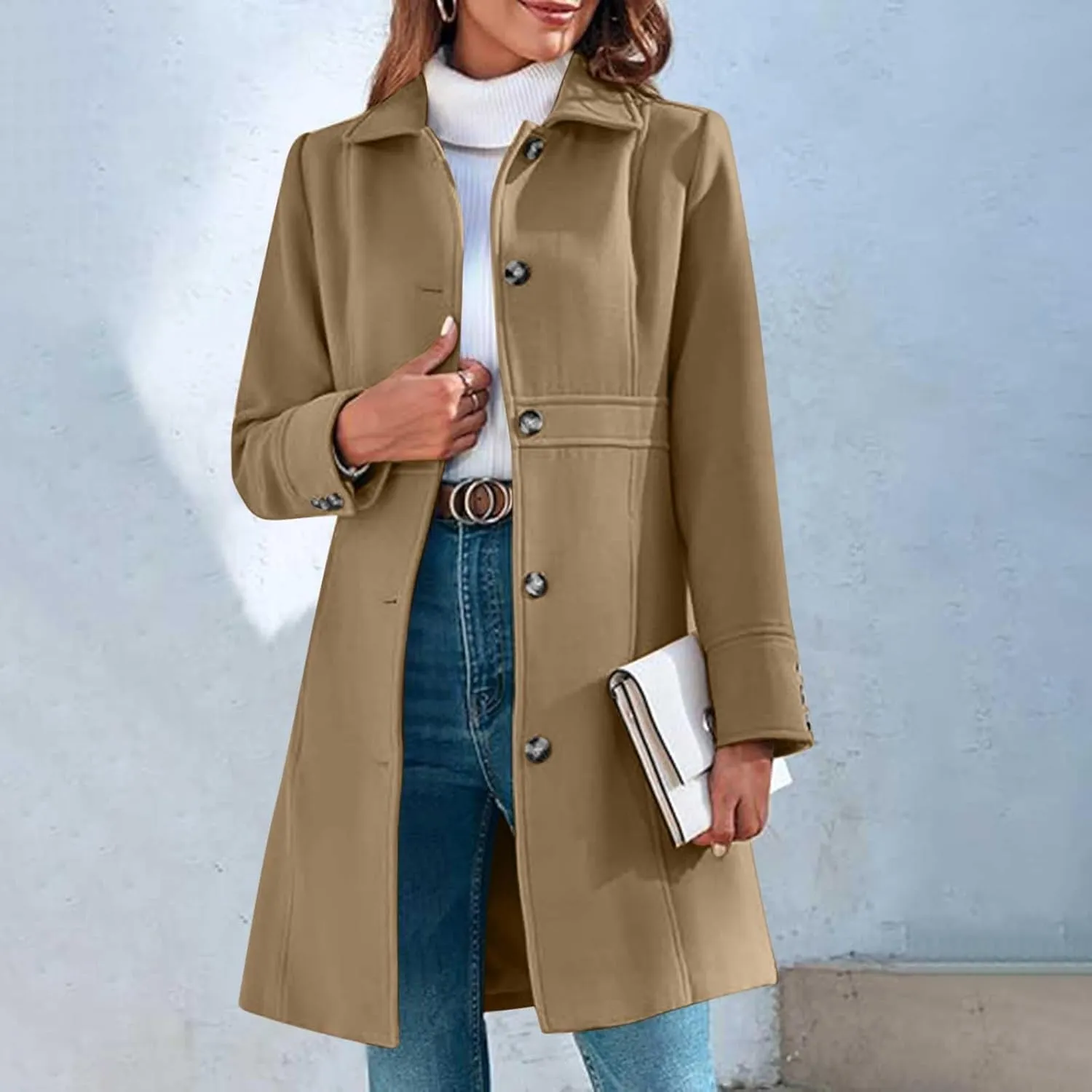 Lmdudan Women's Elegant Single Breasted Coat Long Sleeve Mid Winter Overcoat Solid Color Work Office Pea Coats with Pockets