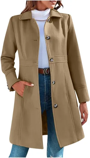 Lmdudan Women's Elegant Single Breasted Coat Long Sleeve Mid Winter Overcoat Solid Color Work Office Pea Coats with Pockets