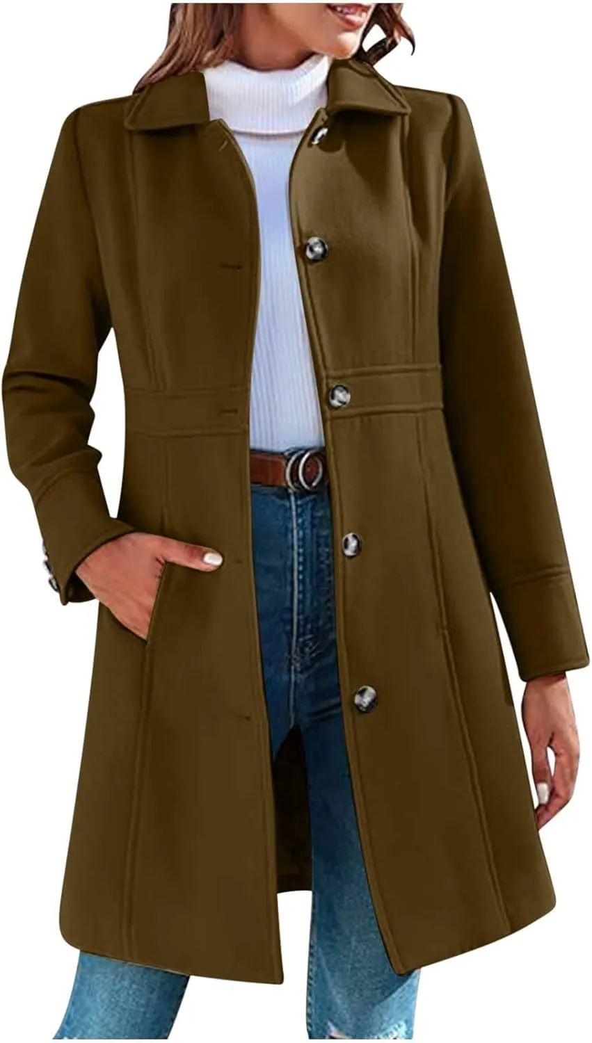 Lmdudan Women's Elegant Single Breasted Coat Long Sleeve Mid Winter Overcoat Solid Color Work Office Pea Coats with Pockets