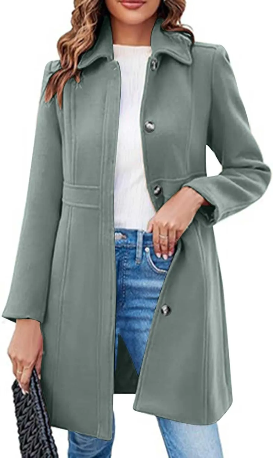 Lmdudan Women's Elegant Single Breasted Coat Long Sleeve Mid Winter Overcoat Solid Color Work Office Pea Coats with Pockets