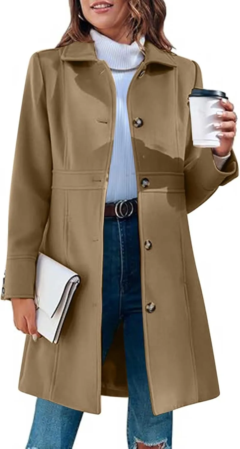 Lmdudan Women's Elegant Single Breasted Coat Long Sleeve Mid Winter Overcoat Solid Color Work Office Pea Coats with Pockets