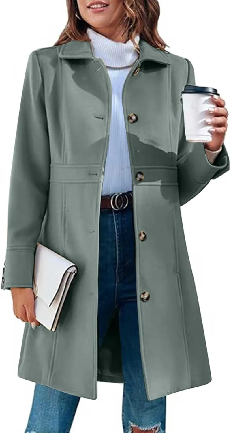 Lmdudan Women's Elegant Single Breasted Coat Long Sleeve Mid Winter Overcoat Solid Color Work Office Pea Coats with Pockets