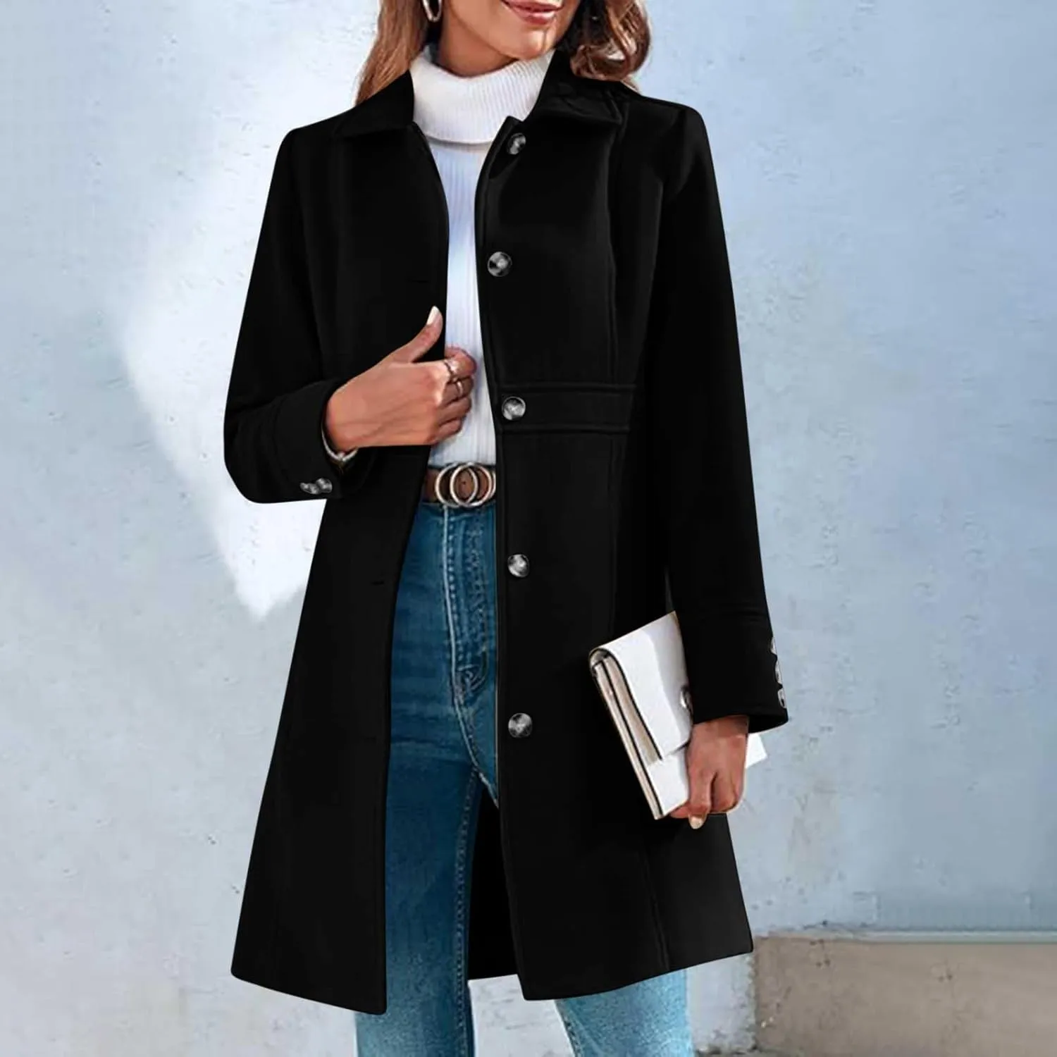 Lmdudan Women's Elegant Single Breasted Coat Long Sleeve Mid Winter Overcoat Solid Color Work Office Pea Coats with Pockets