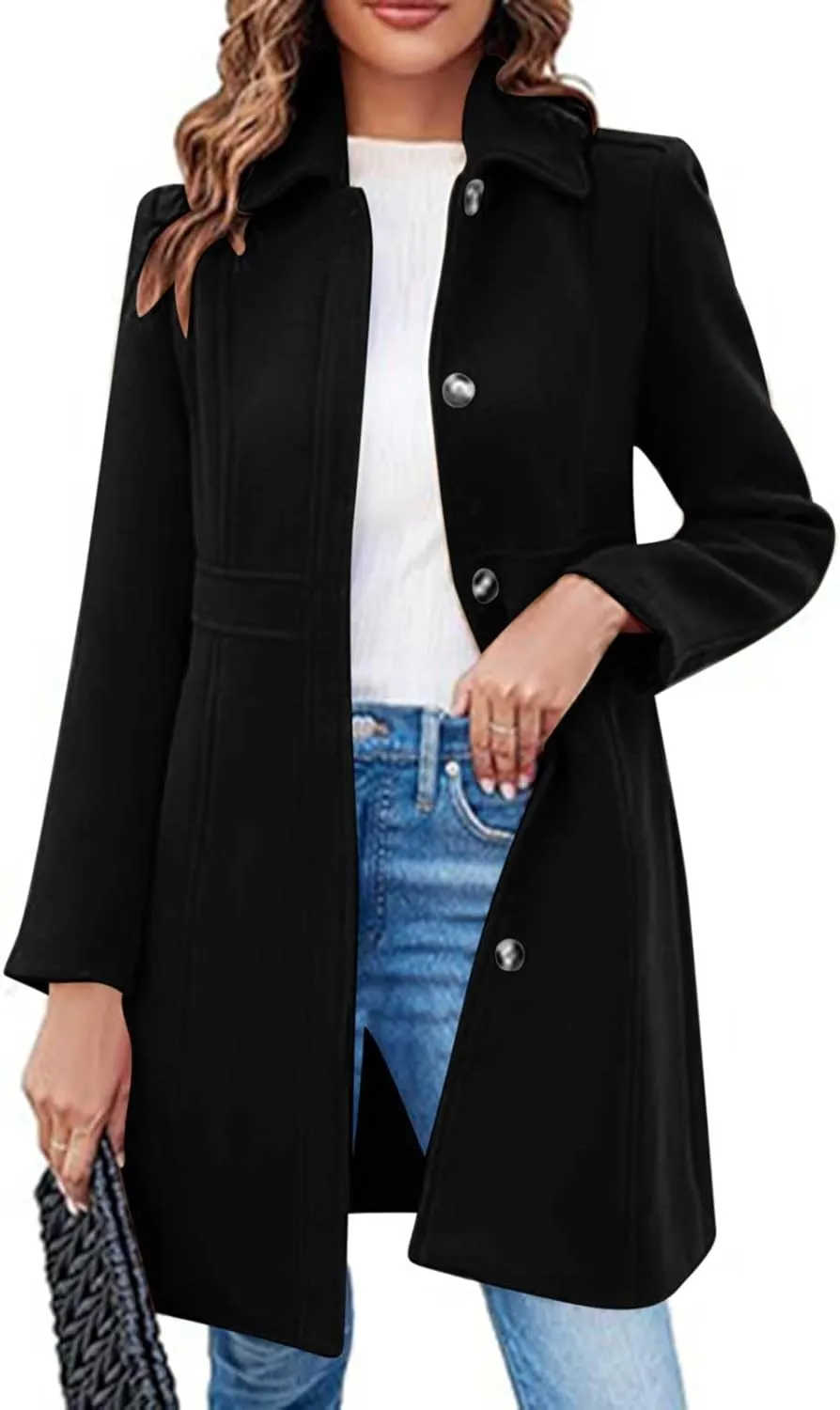 Lmdudan Women's Elegant Single Breasted Coat Long Sleeve Mid Winter Overcoat Solid Color Work Office Pea Coats with Pockets