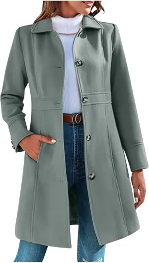 Lmdudan Women's Elegant Single Breasted Coat Long Sleeve Mid Winter Overcoat Solid Color Work Office Pea Coats with Pockets