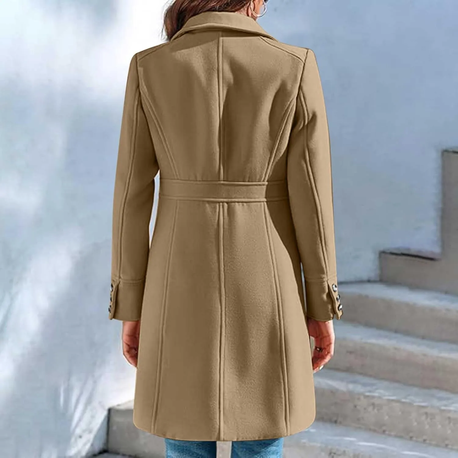 Lmdudan Women's Elegant Single Breasted Coat Long Sleeve Mid Winter Overcoat Solid Color Work Office Pea Coats with Pockets