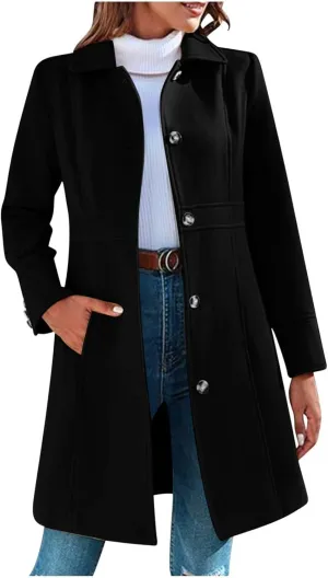Lmdudan Women's Elegant Single Breasted Coat Long Sleeve Mid Winter Overcoat Solid Color Work Office Pea Coats with Pockets