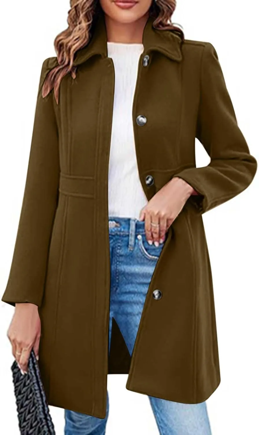 Lmdudan Women's Elegant Single Breasted Coat Long Sleeve Mid Winter Overcoat Solid Color Work Office Pea Coats with Pockets