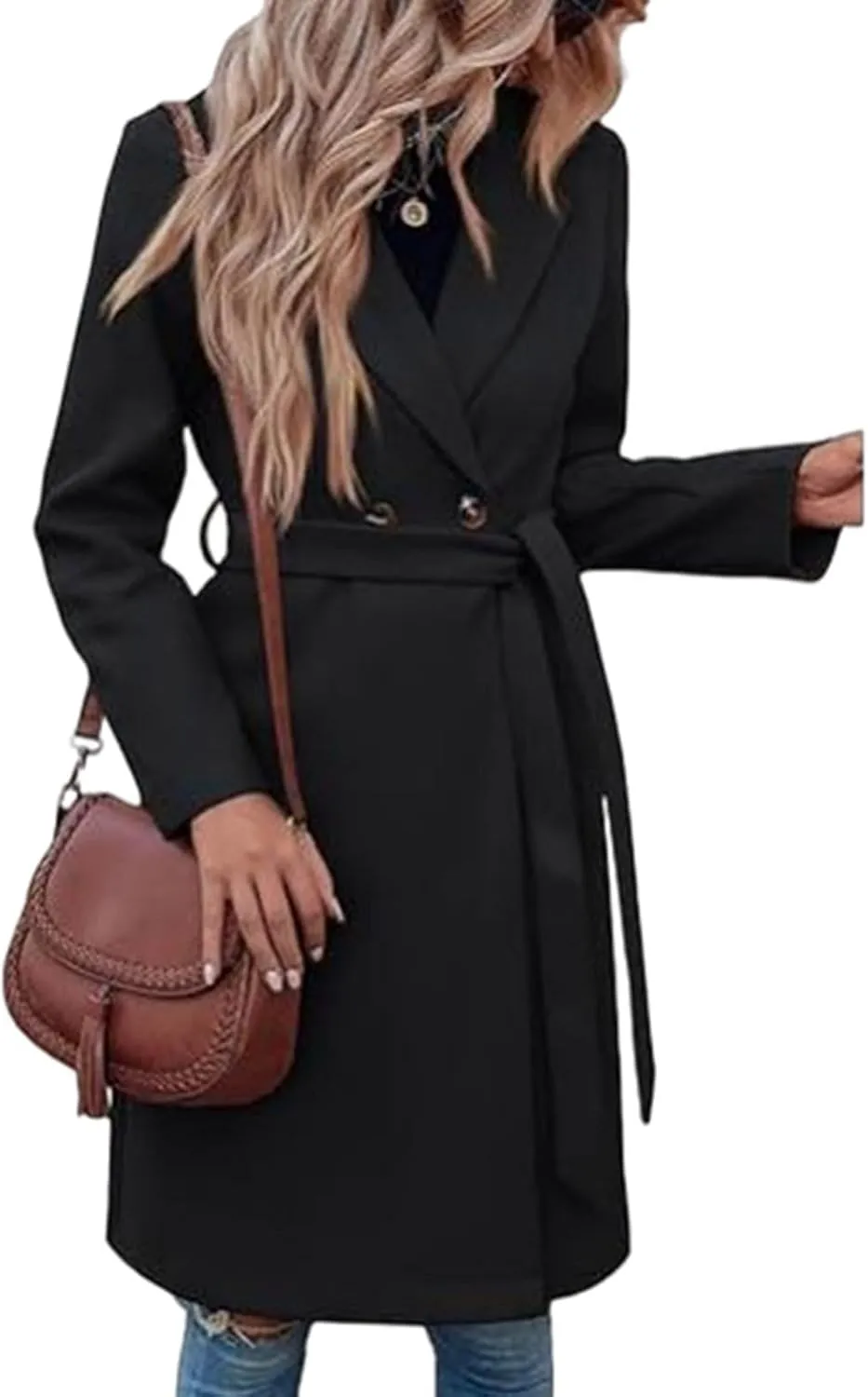 Lmdudan Womens Pea Trench Coats Notched Lapel Double Breasted Belted Business Fashion Long Sleeve Casual Jackets Outerwear