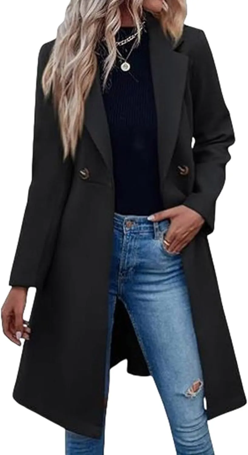 Lmdudan Womens Pea Trench Coats Notched Lapel Double Breasted Belted Business Fashion Long Sleeve Casual Jackets Outerwear