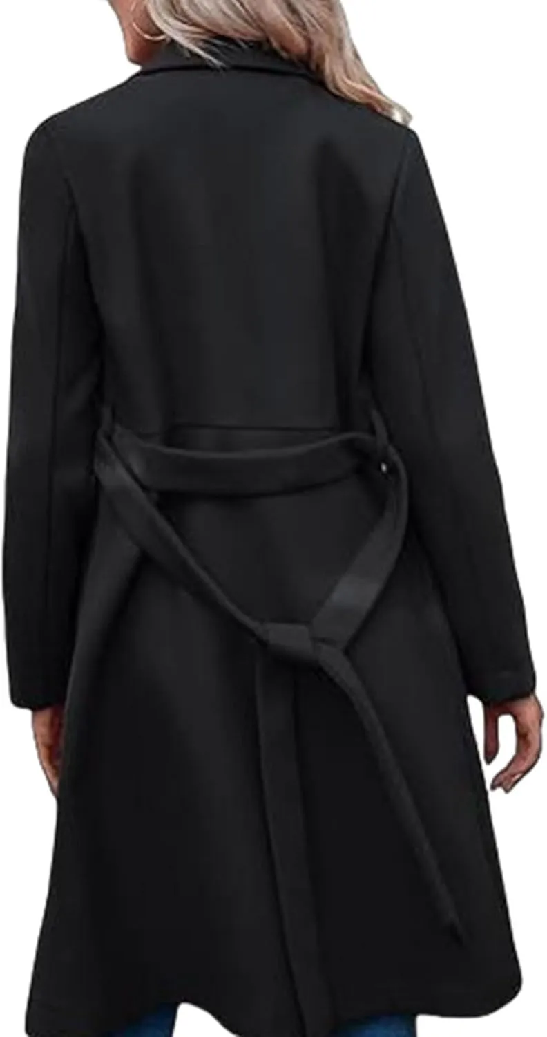 Lmdudan Womens Pea Trench Coats Notched Lapel Double Breasted Belted Business Fashion Long Sleeve Casual Jackets Outerwear