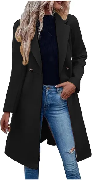 Lmdudan Womens Pea Trench Coats Notched Lapel Double Breasted Belted Business Fashion Long Sleeve Casual Jackets Outerwear