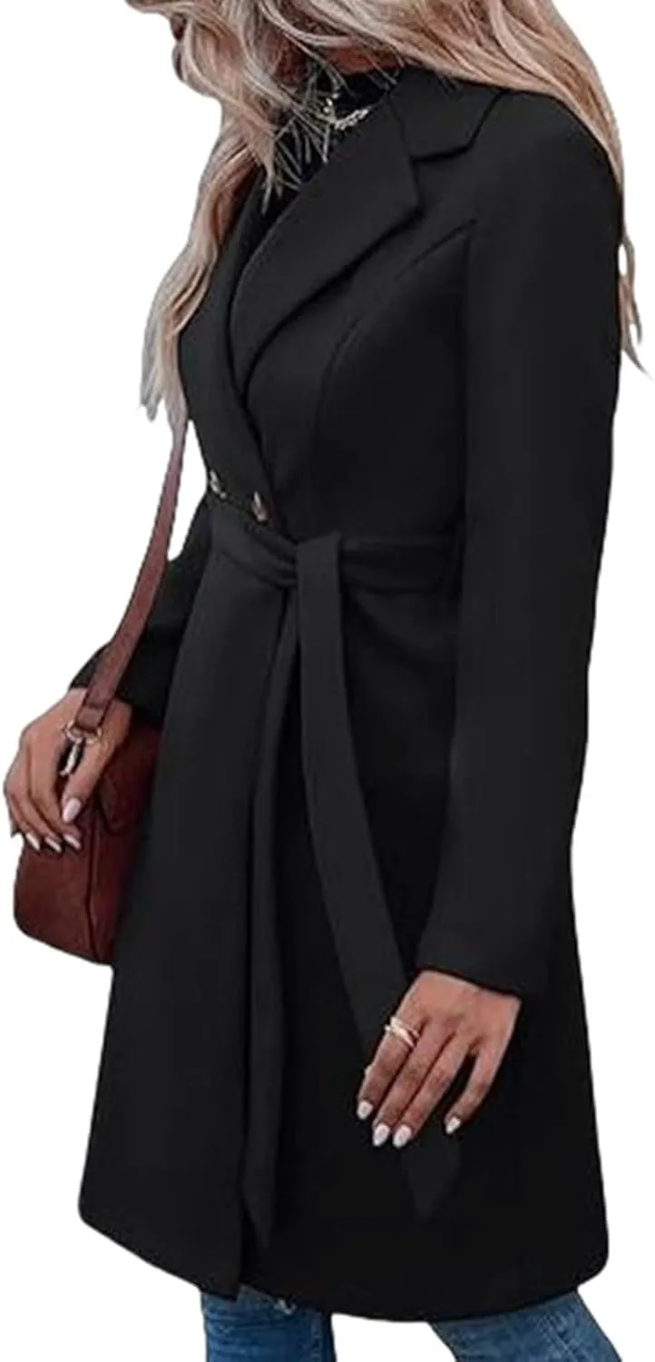 Lmdudan Womens Pea Trench Coats Notched Lapel Double Breasted Belted Business Fashion Long Sleeve Casual Jackets Outerwear