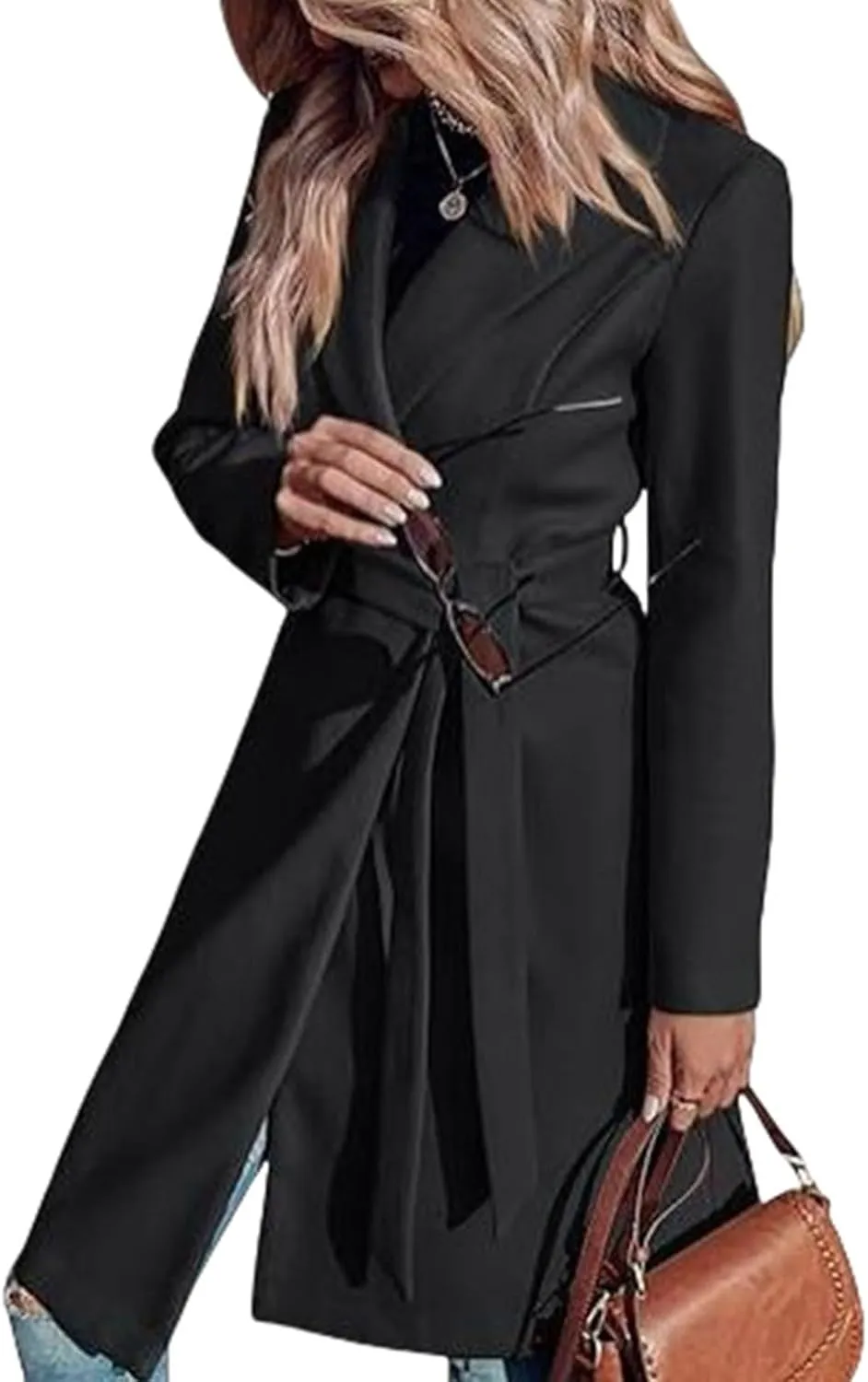 Lmdudan Womens Pea Trench Coats Notched Lapel Double Breasted Belted Business Fashion Long Sleeve Casual Jackets Outerwear