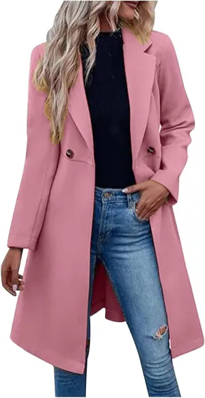 Lmdudan Womens Pea Trench Coats Notched Lapel Double Breasted Belted Business Fashion Long Sleeve Casual Jackets Outerwear