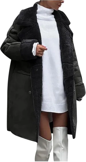 Lmdudan Women's Winter Trench Coat Notched Lapel Double Breasted Jacket Sherpa Fleece Faux Suede Leather Overcoat with Pocket