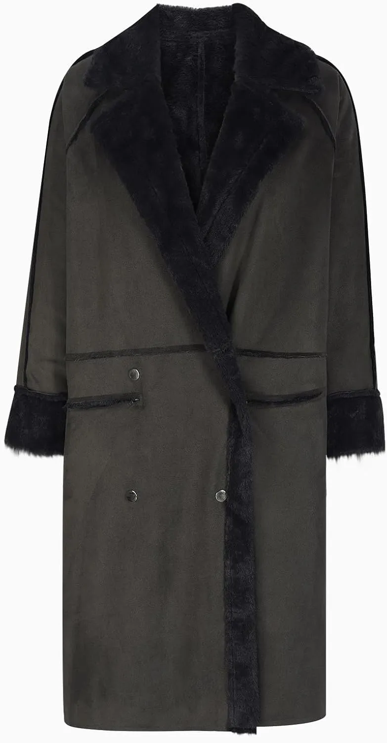 Lmdudan Women's Winter Trench Coat Notched Lapel Double Breasted Jacket Sherpa Fleece Faux Suede Leather Overcoat with Pocket