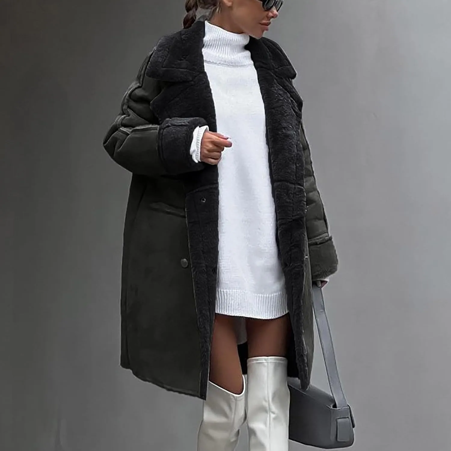 Lmdudan Women's Winter Trench Coat Notched Lapel Double Breasted Jacket Sherpa Fleece Faux Suede Leather Overcoat with Pocket