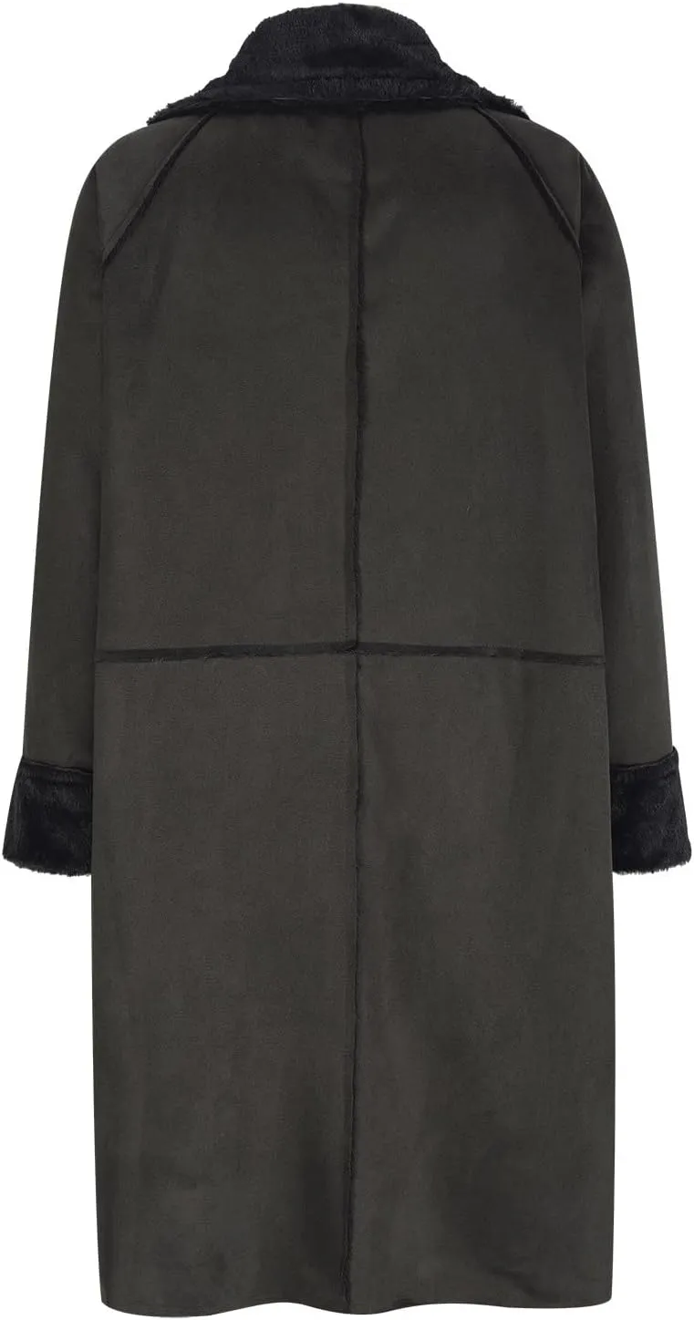 Lmdudan Women's Winter Trench Coat Notched Lapel Double Breasted Jacket Sherpa Fleece Faux Suede Leather Overcoat with Pocket