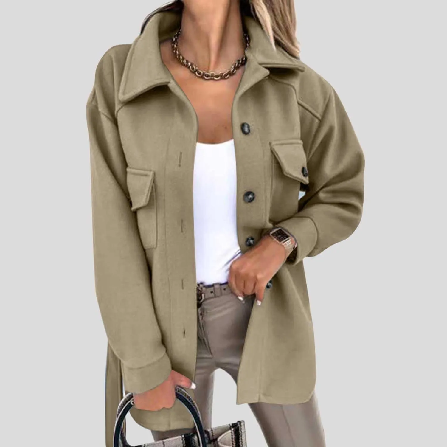 Lmdudan Womens Wool Blend Shacket Jacket Oversized Long Sleeve Button Down Jackets Solid Color Cardigan Outwear with Pocket