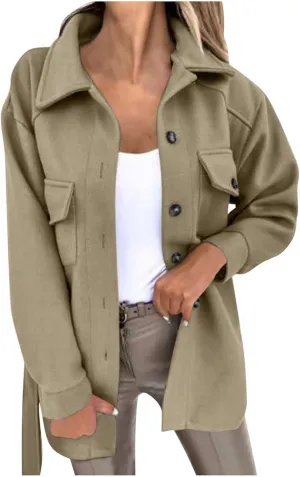 Lmdudan Womens Wool Blend Shacket Jacket Oversized Long Sleeve Button Down Jackets Solid Color Cardigan Outwear with Pocket