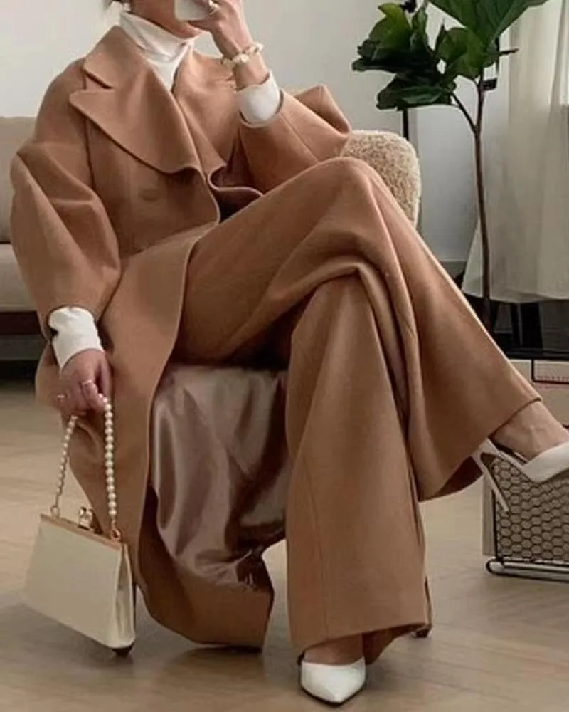 LOAIHA Woolen Trench Coat Women Double Breasted Notch Collar Lantern Sleeve Pea Coats Warm Fall Winter Windbreaker Overcoat