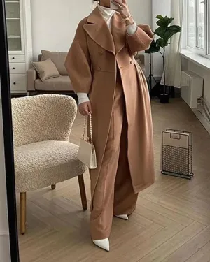 LOAIHA Woolen Trench Coat Women Double Breasted Notch Collar Lantern Sleeve Pea Coats Warm Fall Winter Windbreaker Overcoat