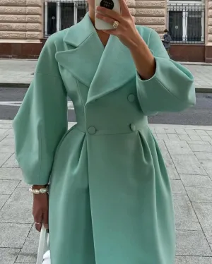 LOAIHA Woolen Trench Coat Women Double Breasted Notch Collar Lantern Sleeve Pea Coats Warm Fall Winter Windbreaker Overcoat