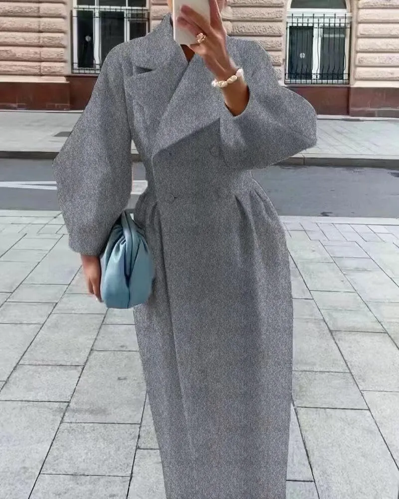 LOAIHA Woolen Trench Coat Women Double Breasted Notch Collar Lantern Sleeve Pea Coats Warm Fall Winter Windbreaker Overcoat
