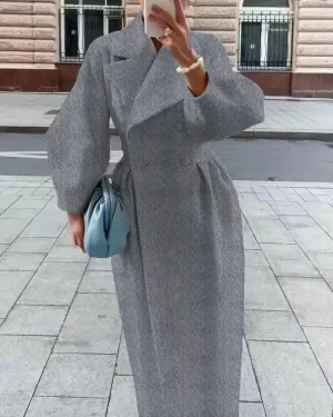 LOAIHA Woolen Trench Coat Women Double Breasted Notch Collar Lantern Sleeve Pea Coats Warm Fall Winter Windbreaker Overcoat