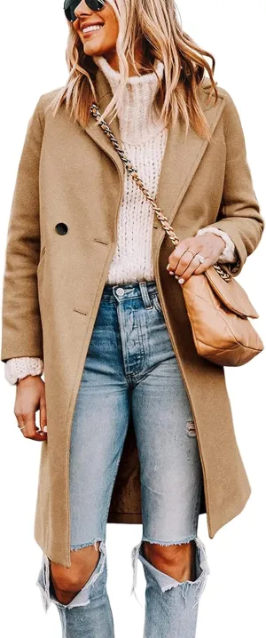 Long Pea Coats For Women Comfy, Women's Notch Lapel Double Breasted Wool Blend Mid Long Coat Jacket Outwear