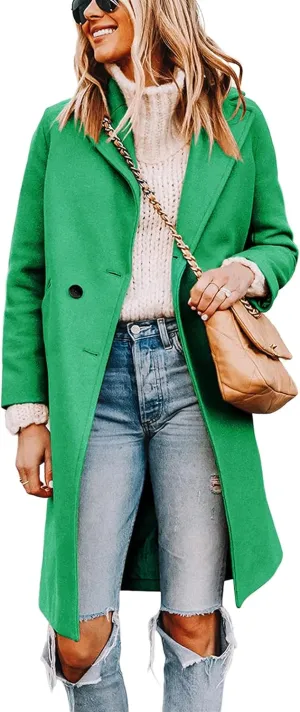 Long Pea Coats For Women Comfy, Women's Notch Lapel Double Breasted Wool Blend Mid Long Coat Jacket Outwear