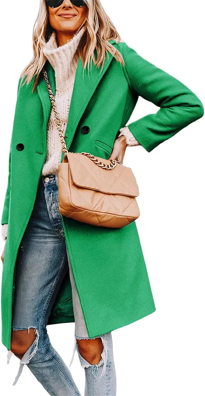 Long Pea Coats For Women Comfy, Women's Notch Lapel Double Breasted Wool Blend Mid Long Coat Jacket Outwear