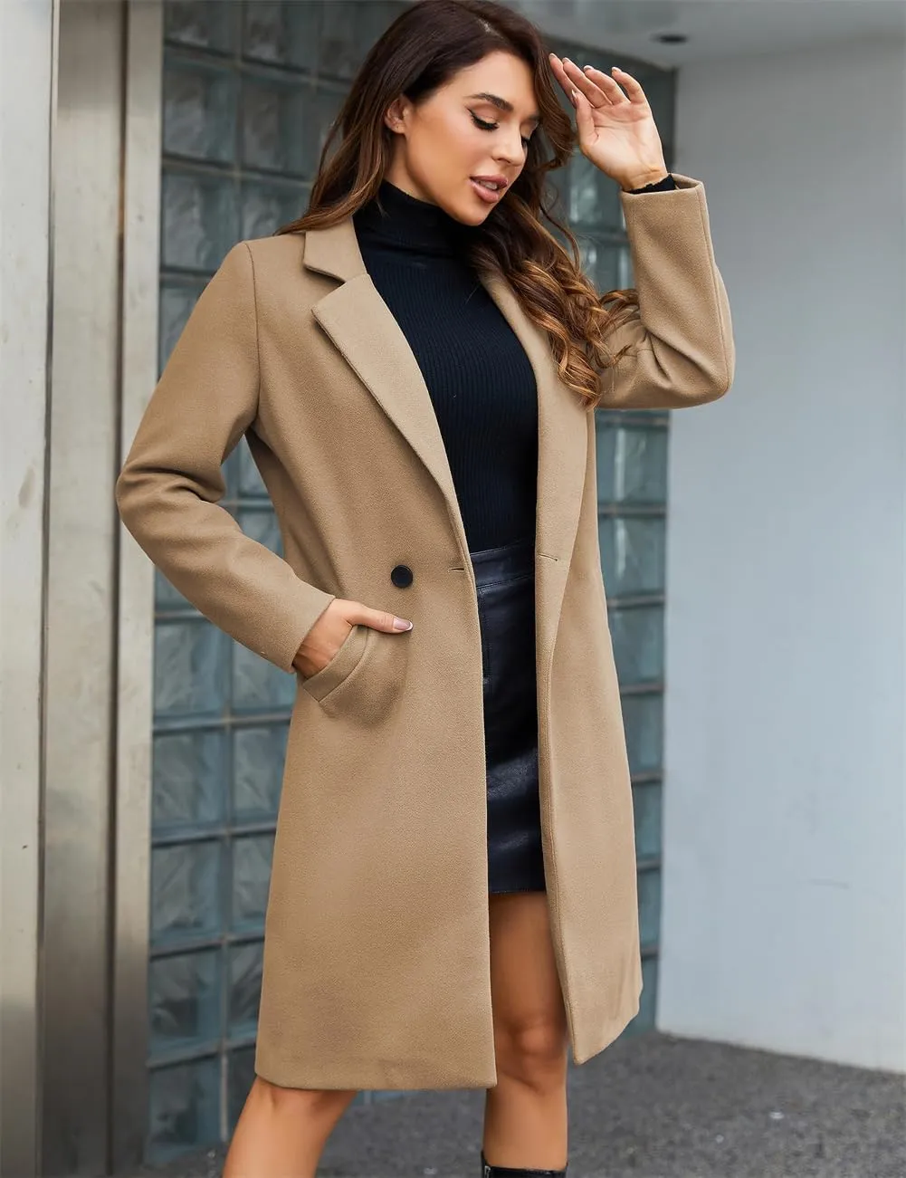 Long Pea Coats For Women Comfy, Women's Notch Lapel Double Breasted Wool Blend Mid Long Coat Jacket Outwear