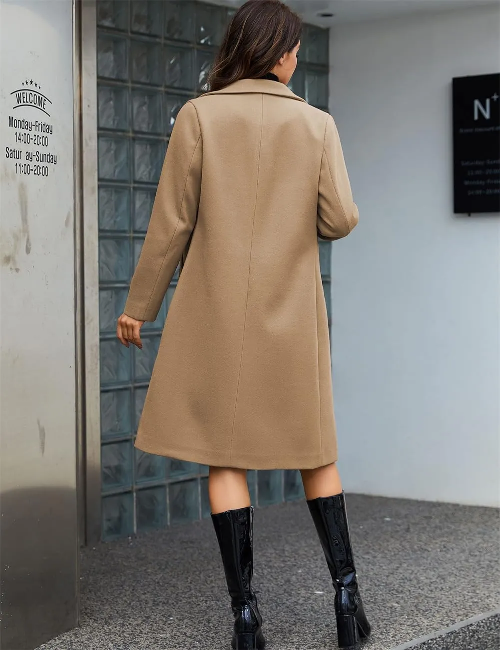 Long Pea Coats For Women Comfy, Women's Notch Lapel Double Breasted Wool Blend Mid Long Coat Jacket Outwear