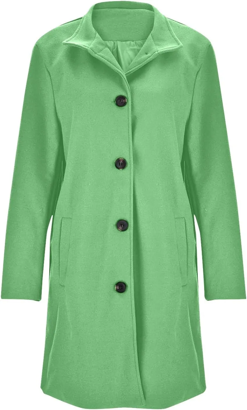 Long Pea Coats for Women Winter Stand Collar Single Breasted Wool Coats Wool Blend Peacoat Thicken Blazer Jacket