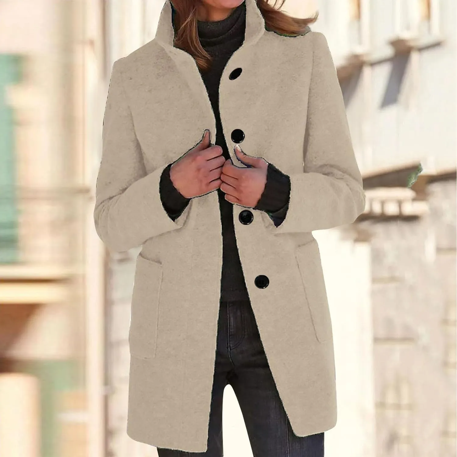 Long Pea Coats for Women Winter Stand Collar Single Breasted Wool Coats Wool Blend Peacoat Thicken Blazer Jacket