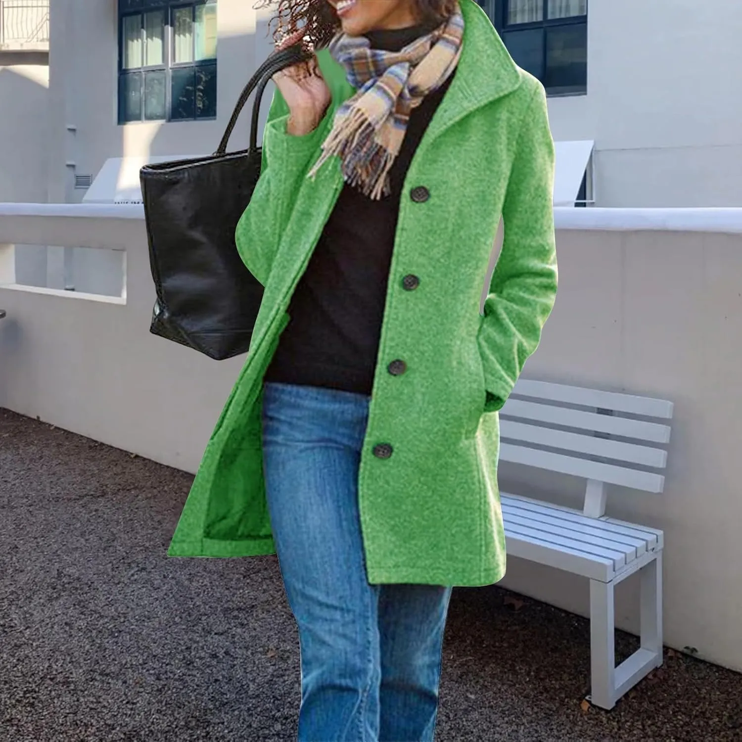 Long Pea Coats for Women Winter Stand Collar Single Breasted Wool Coats Wool Blend Peacoat Thicken Blazer Jacket