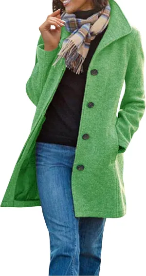 Long Pea Coats for Women Winter Stand Collar Single Breasted Wool Coats Wool Blend Peacoat Thicken Blazer Jacket