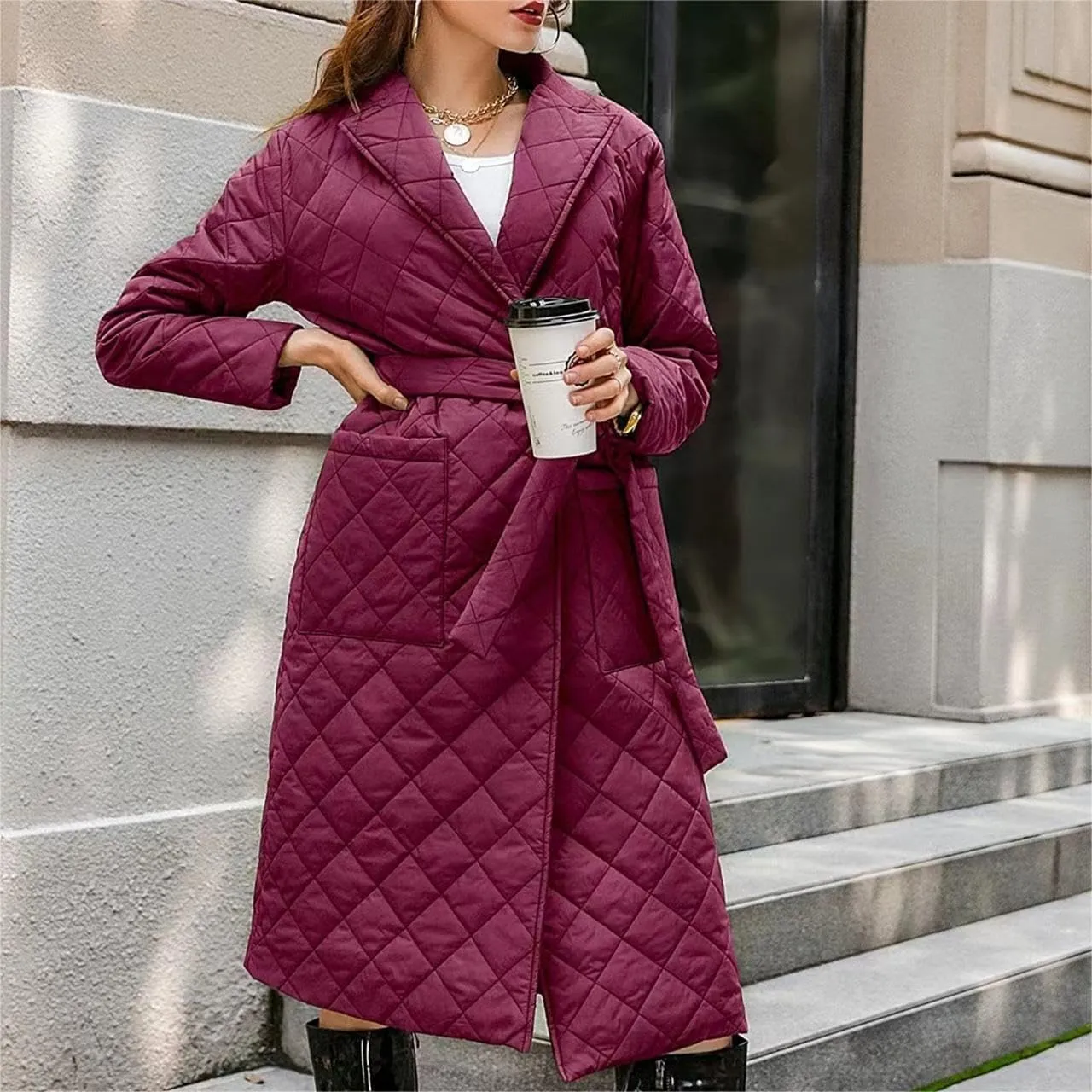 Long Puffer Coat Women Lightweight Quilted Down Jacket Overcoat Warm Winter Coats Trendy Casual Outerwear with Belt