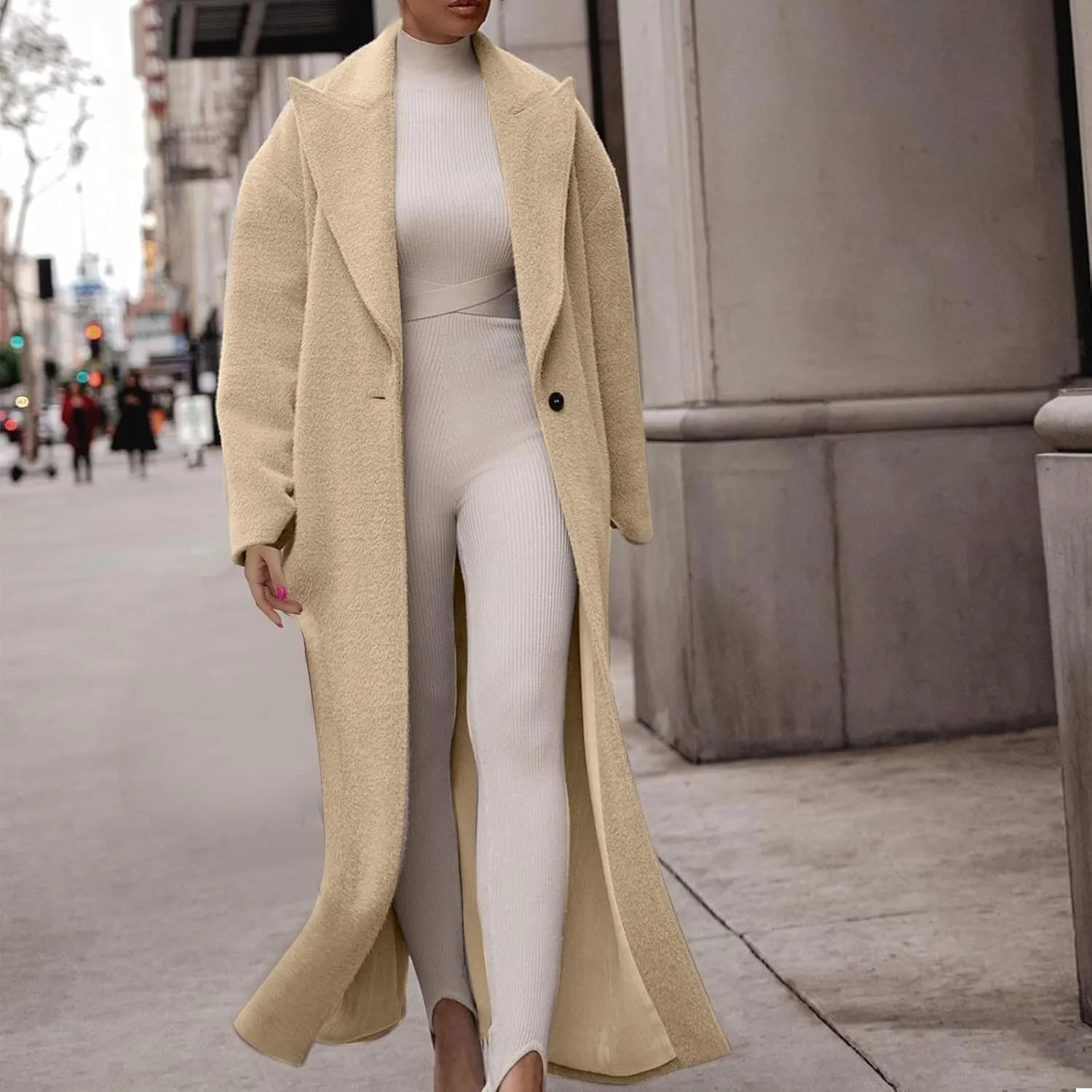 Long Trench Coat for Women Elegant Single Breasted Pea Coat Winter Warm Wool Blend Oversized Pea Coat with Pockets