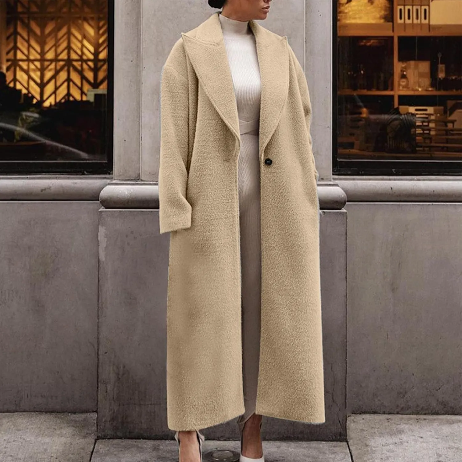 Long Trench Coat for Women Elegant Single Breasted Pea Coat Winter Warm Wool Blend Oversized Pea Coat with Pockets