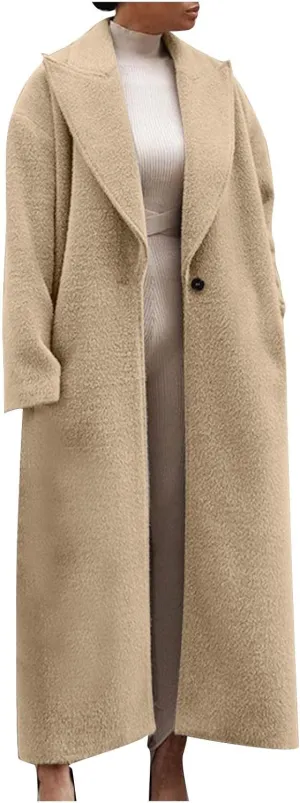 Long Trench Coat for Women Elegant Single Breasted Pea Coat Winter Warm Wool Blend Oversized Pea Coat with Pockets