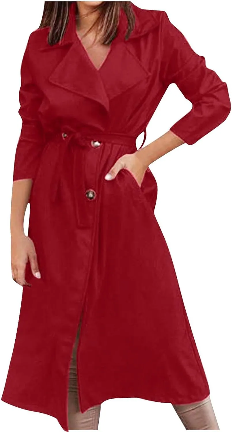 Long Trench Coat for Women Windproof Double Breasted Overcoat Classic Lapel Slim Long Coat Winter Jackets with Belt