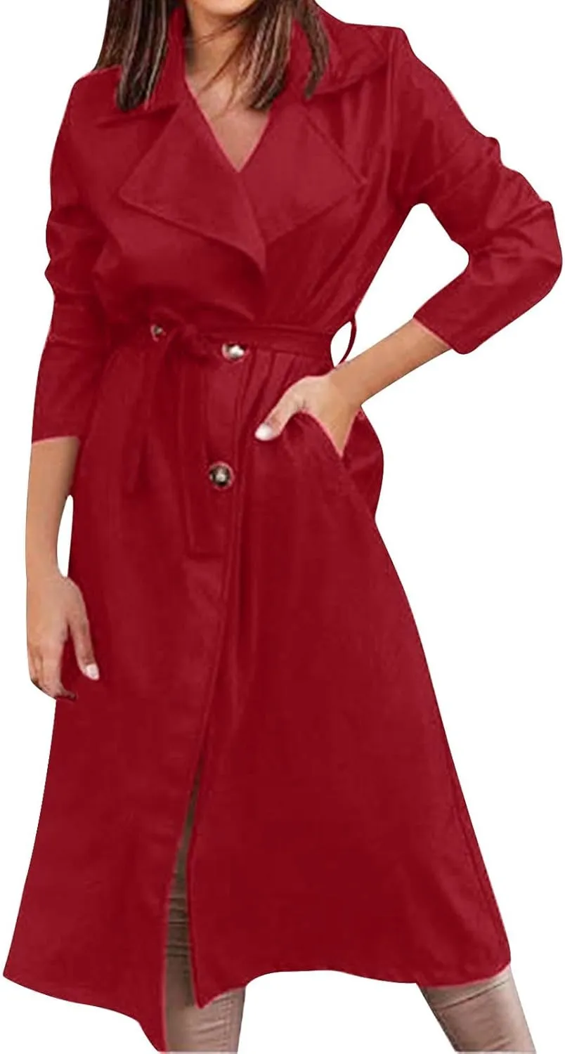 Long Trench Coat for Women Windproof Double Breasted Overcoat Classic Lapel Slim Long Coat Winter Jackets with Belt