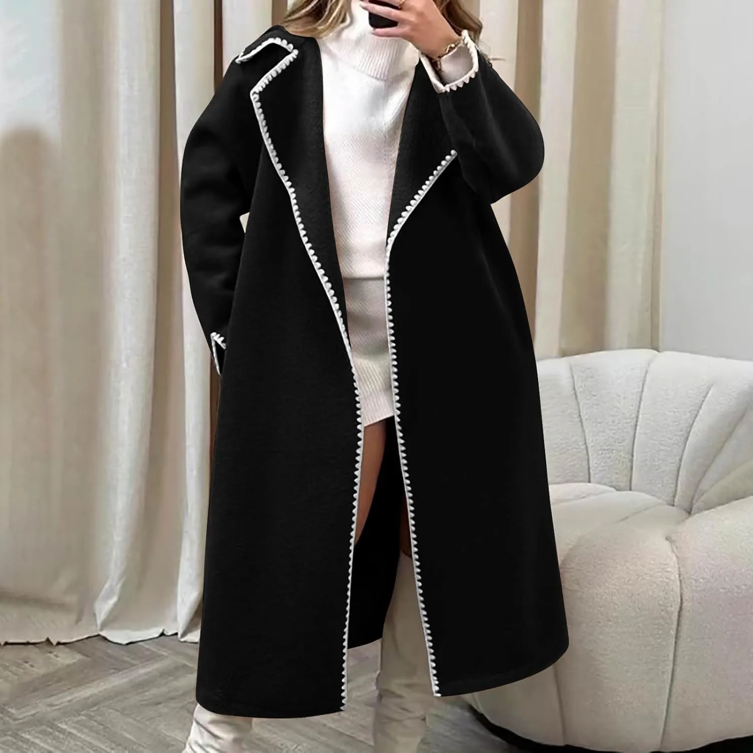 Long Trench Coats for Women Casual Winter Notched Lapel Open Front Pea Coat Wool Blend Comfy Over Coats With Pockets